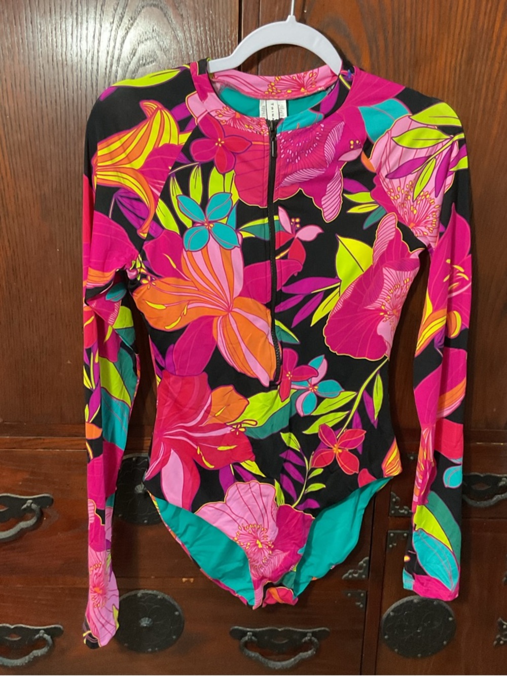 Trina Turk Pink Floral Zip Swim Long Sleeve One Piece - Picture 2 of 5